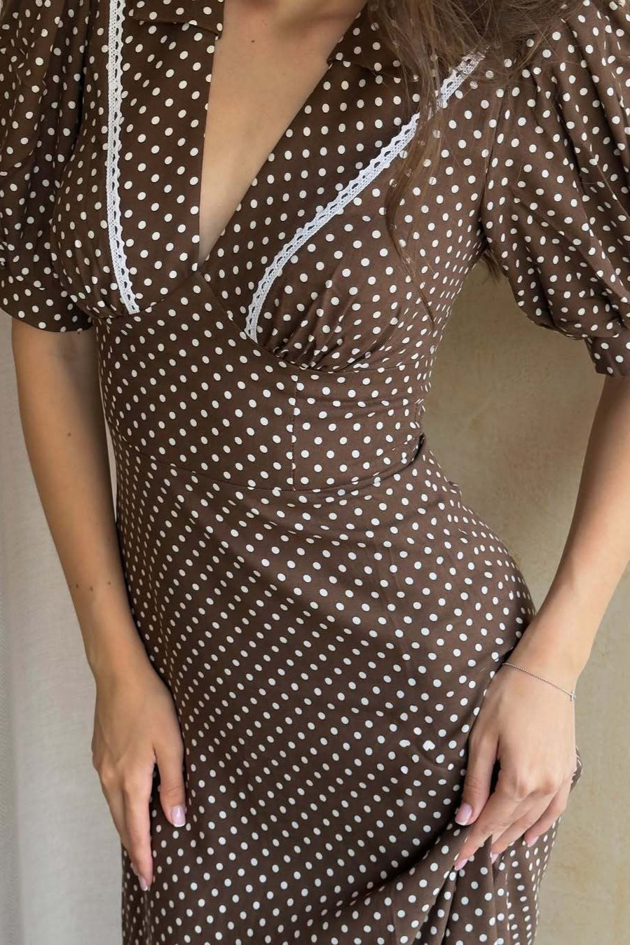 Polka Dot VNeck Puff Sleeve Bodycon Maxi Dress
