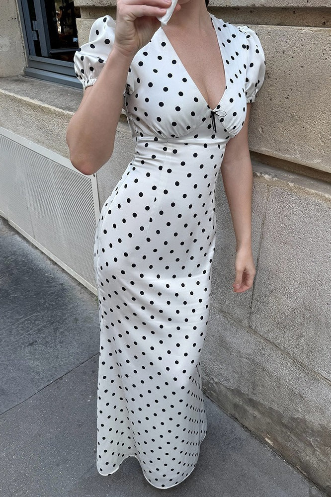 Polka Dot VNeck Puff Sleeve Waist Tie Bodycon Maxi Dress