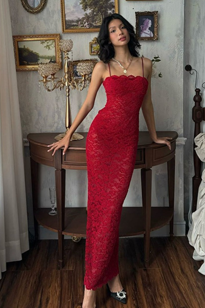 Elegant Red Lace Bodycon Slip Dress