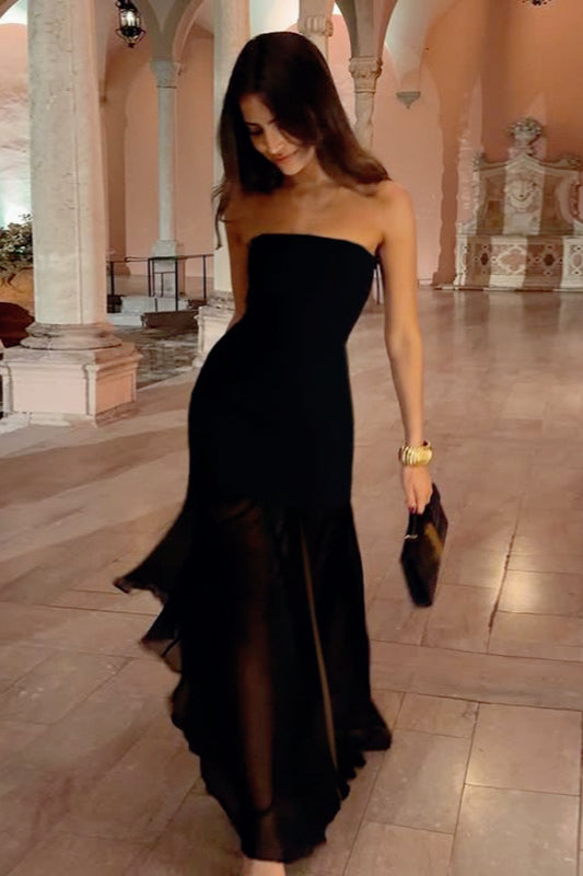 Strapless Sheer Slit Maxi Birthday Dress