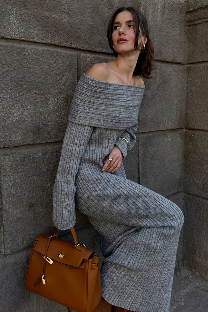 Solid Elegant Minimalist Off Shoulder Bodycon Knit Maxi Dress