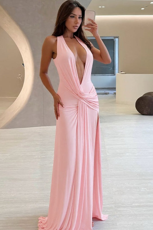 Solid Halter Deep V Backless Slit Floor Maxi Dress