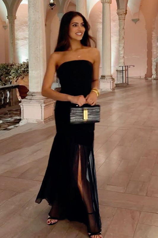 Strapless Sheer Slit Maxi Birthday Dress