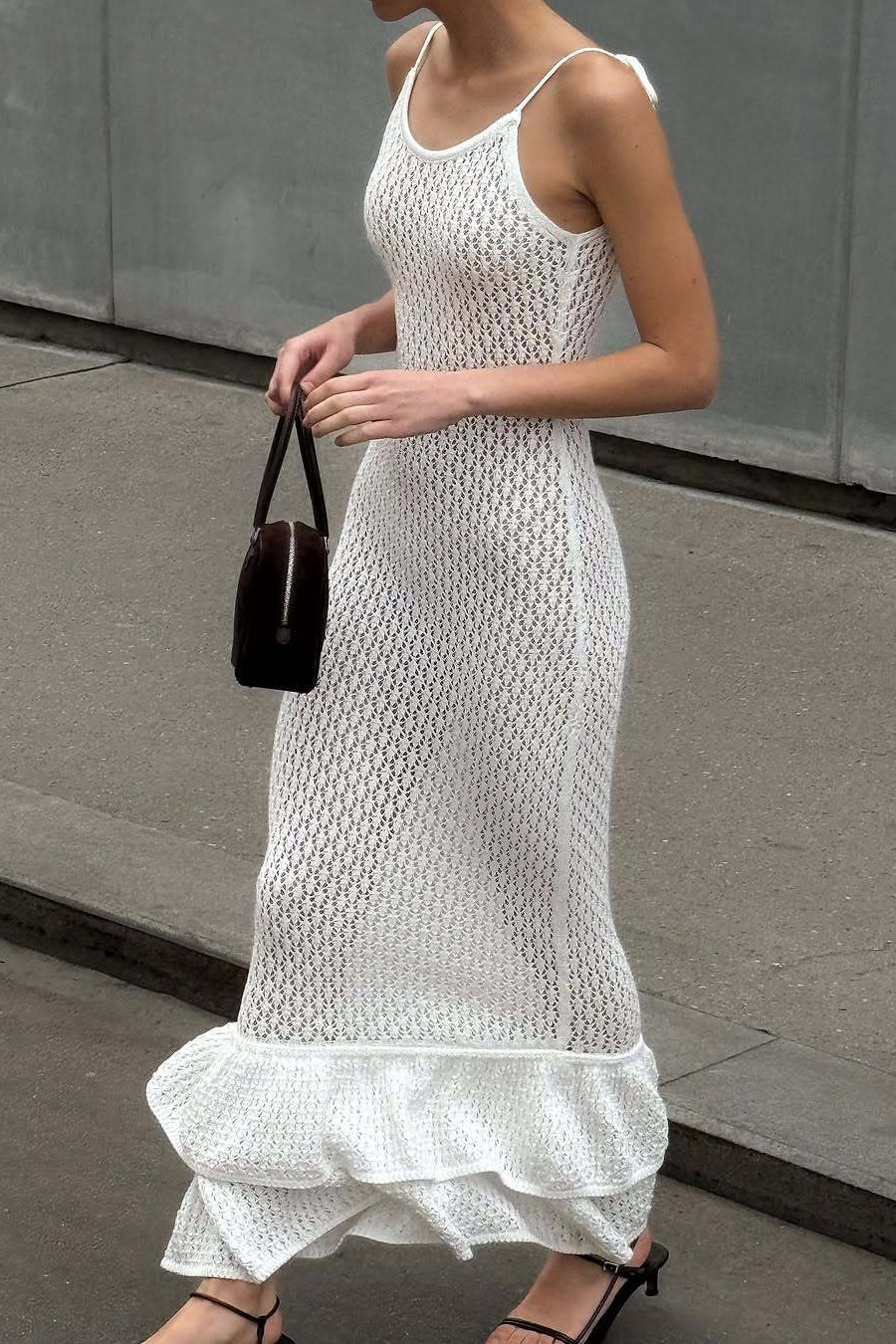 Boho Ruffle Knit Sexy Cutout Sheer Cami Maxi Dress