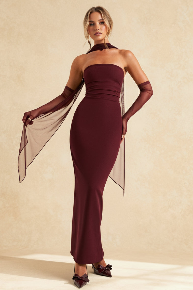 Hudson Maxi Dress With Stole And Gloves Maroon