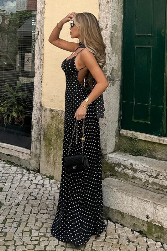 Polka Dot Sexy V Neck Cami Backless Maxi Dress