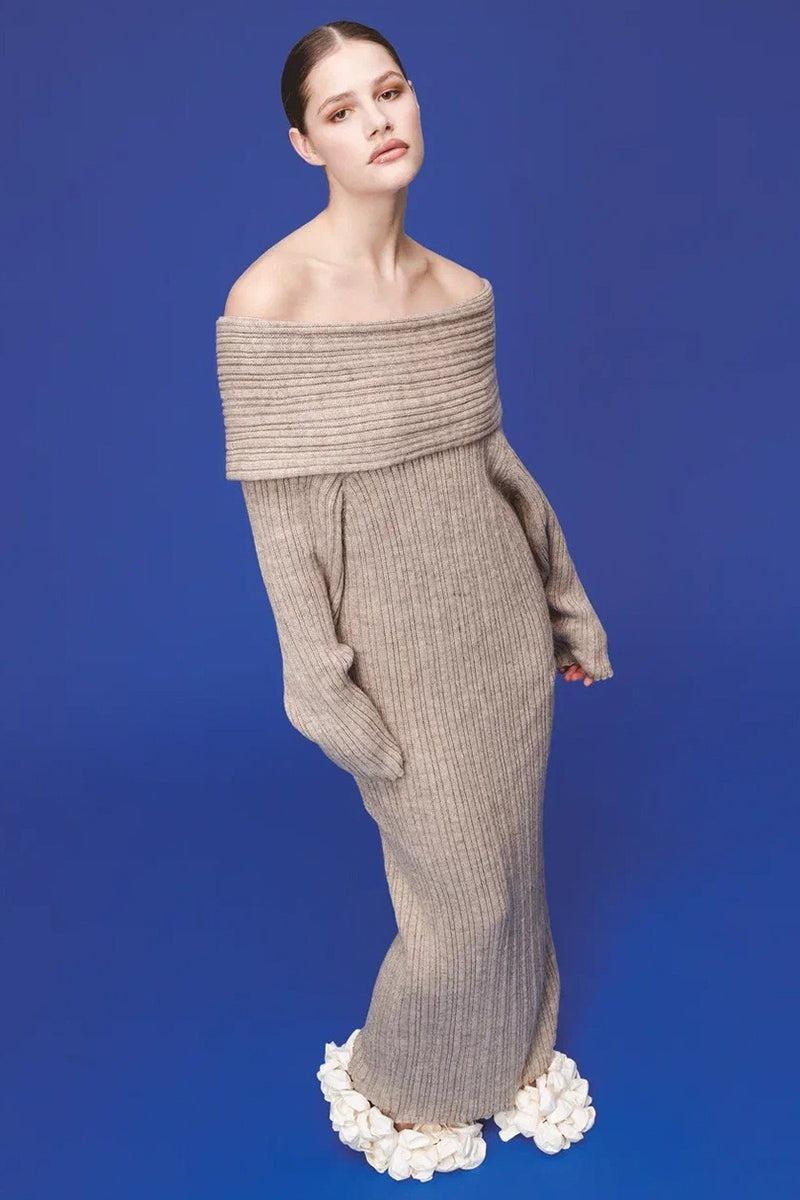 Solid Elegant Minimalist Off Shoulder Bodycon Knit Maxi Dress