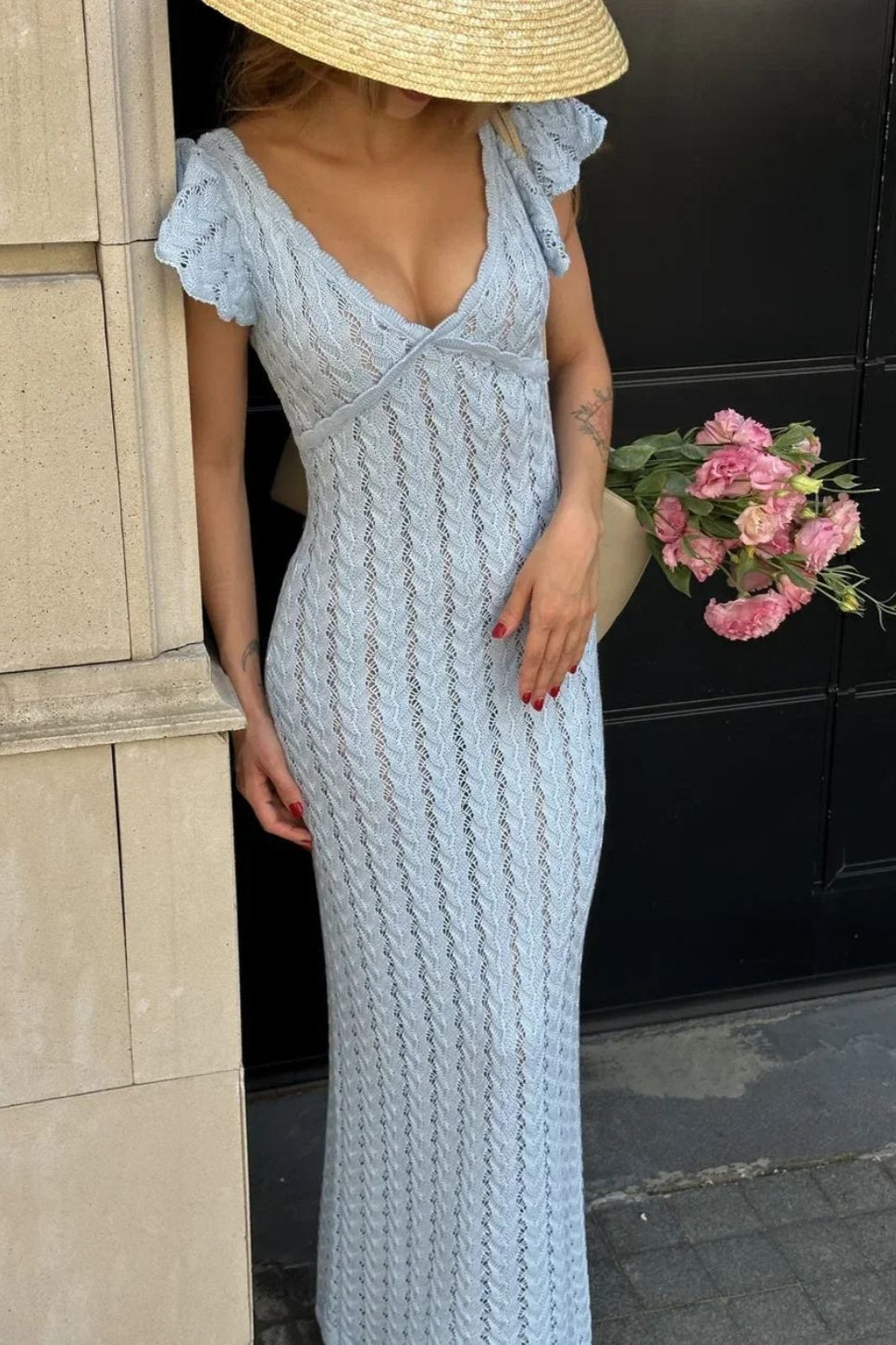 French Ruffle V Neck Knit Pastoral Maxi Dress