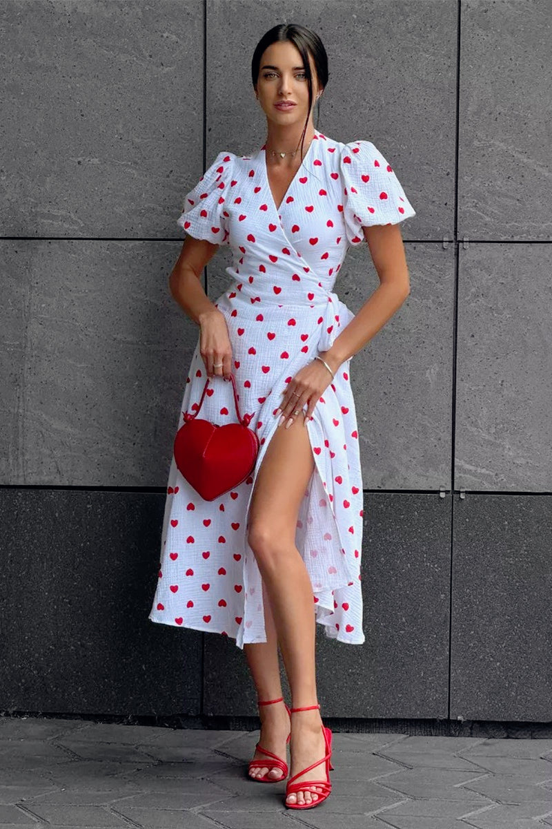 Puff Sleeve Floral Midi Wrap Dress