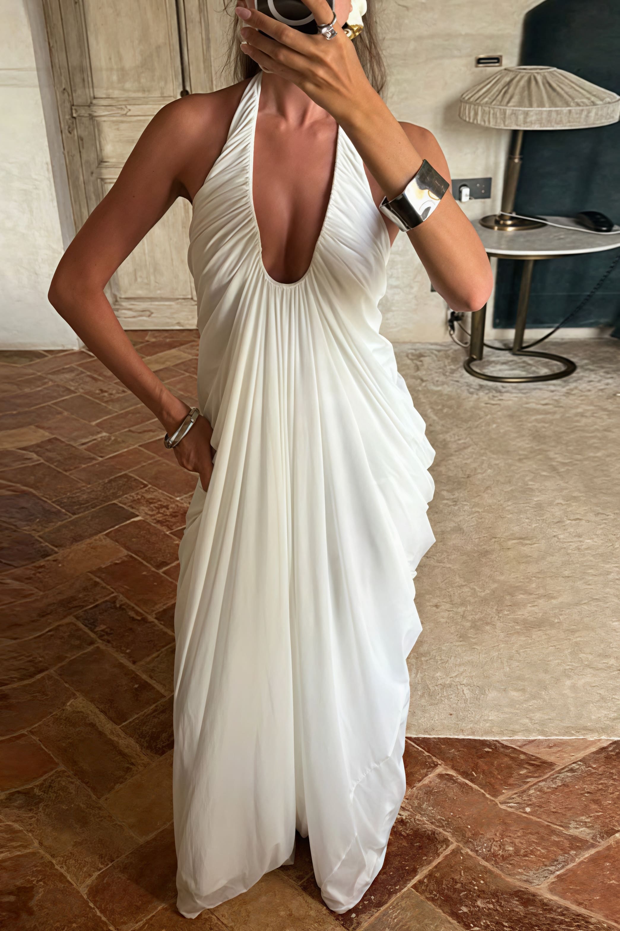 Loose V Neck Ruffled Halter Tulle Maxi Dress