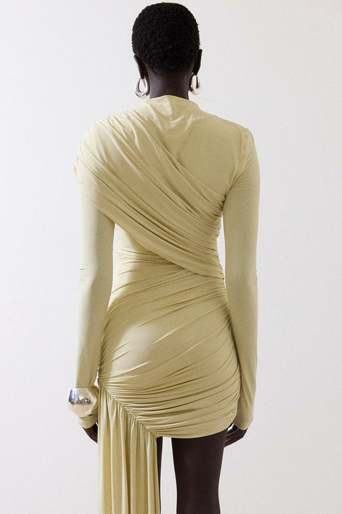 Ruched Asymmetric Ribbon Slim Mini Dress