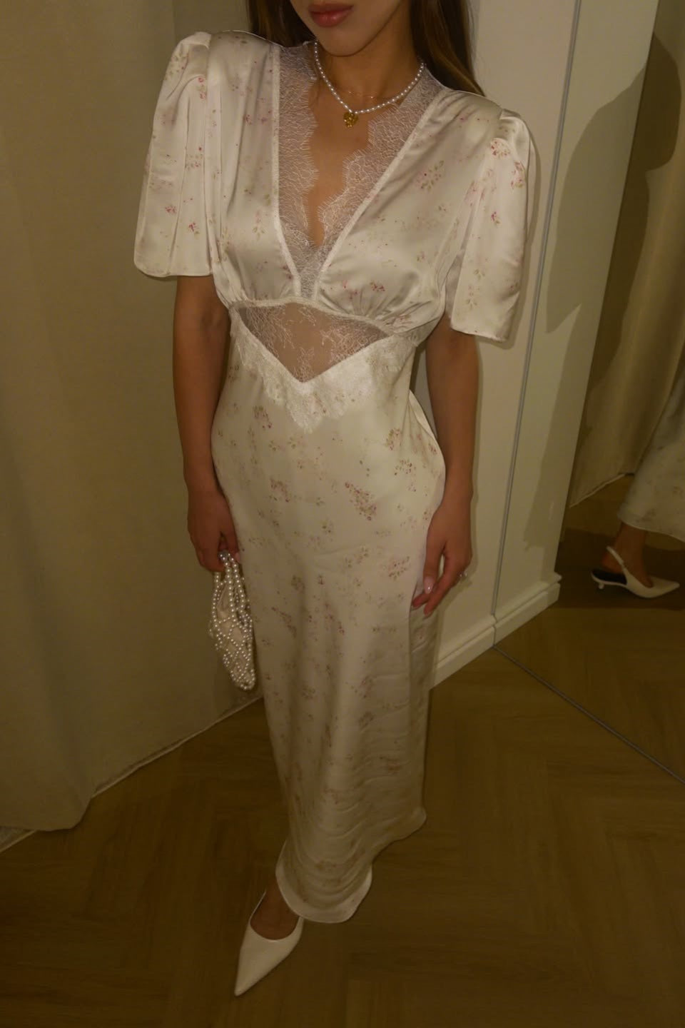 V Neck Lace Patchwork Floral Puff Sleeve Maxi Dress