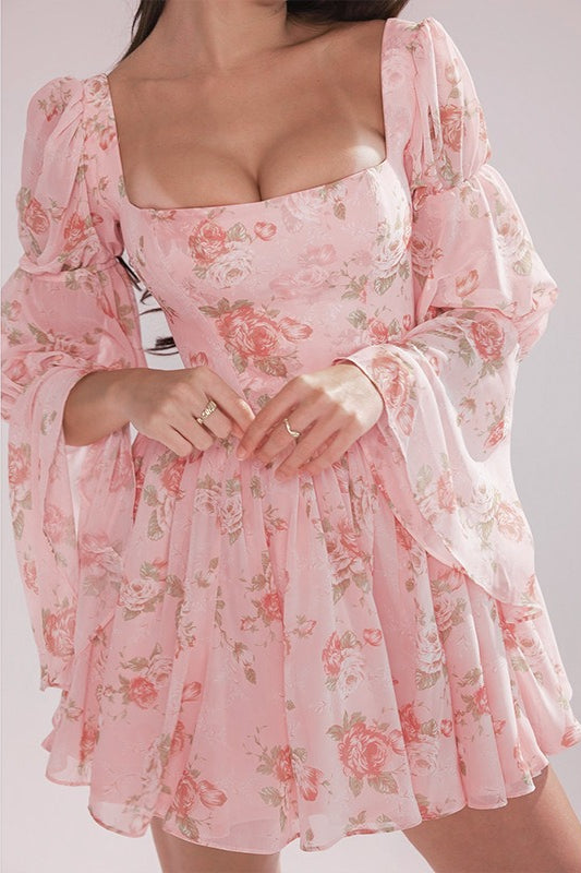 Rose Print Long Sleeve ALine Floral Dress
