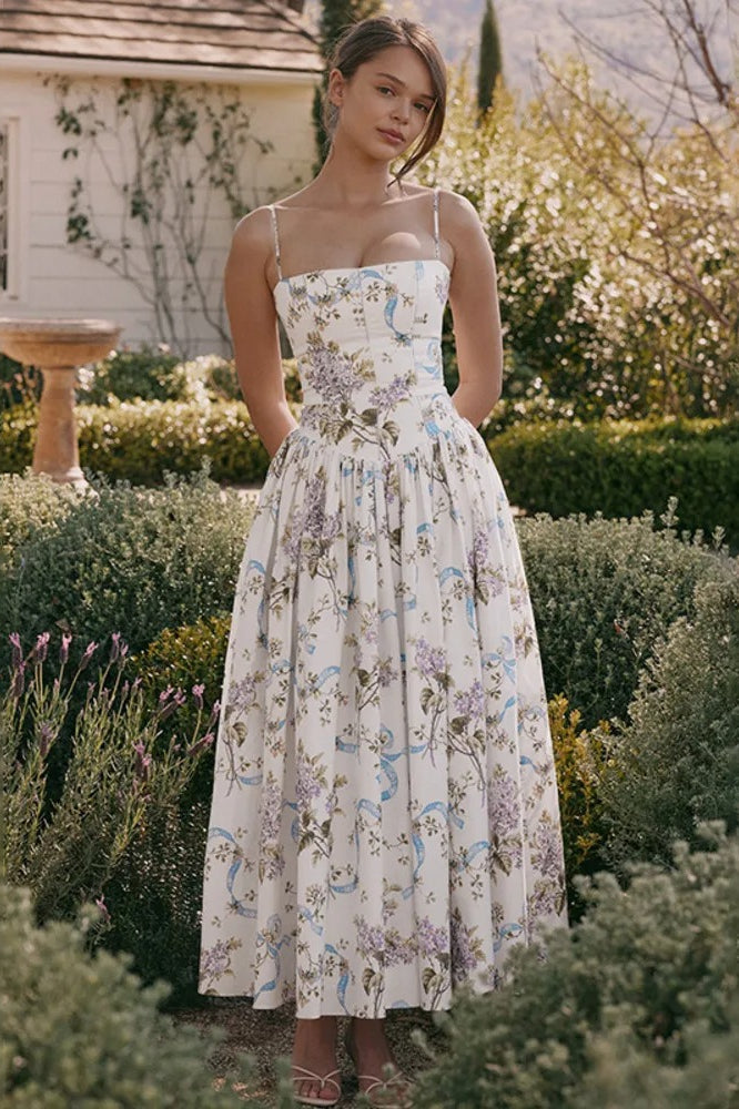 Print Pleated Spaghetti Maxi Dress