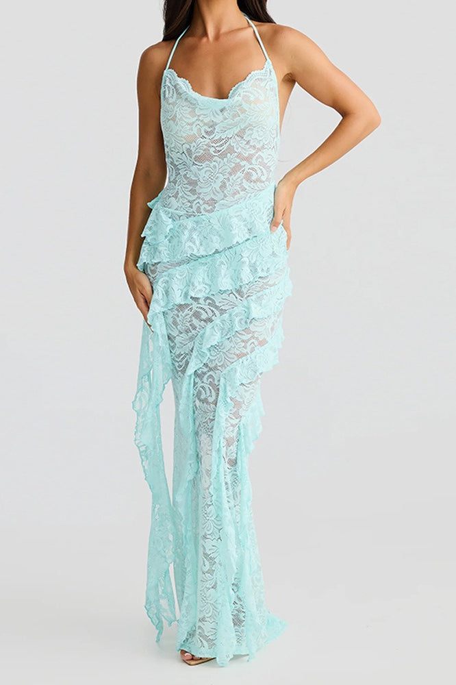 Backless Lace Halter Maxi Dress
