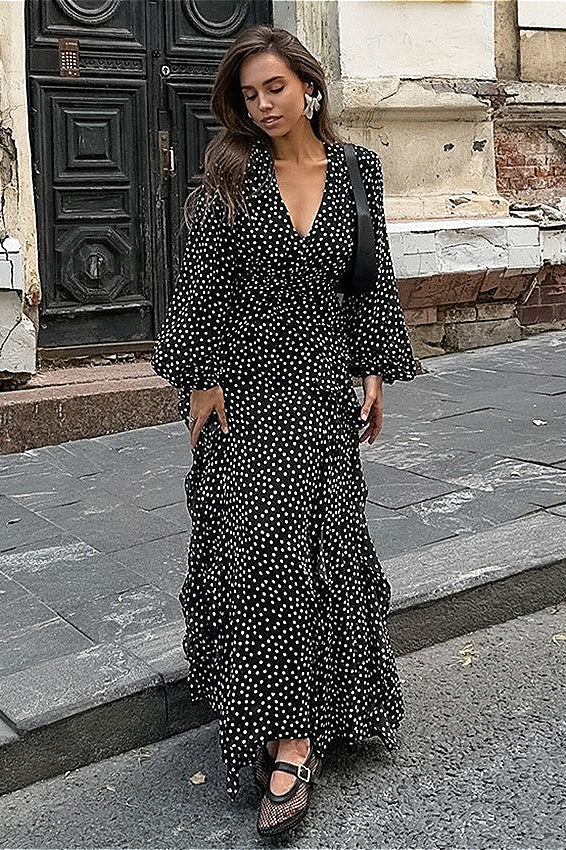 Vintage VNeck Polka Dot Puff Sleeve ALine Maxi Dress
