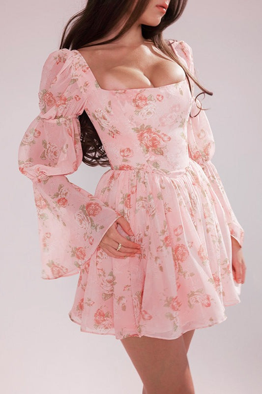 Rose Print Long Sleeve ALine Floral Dress