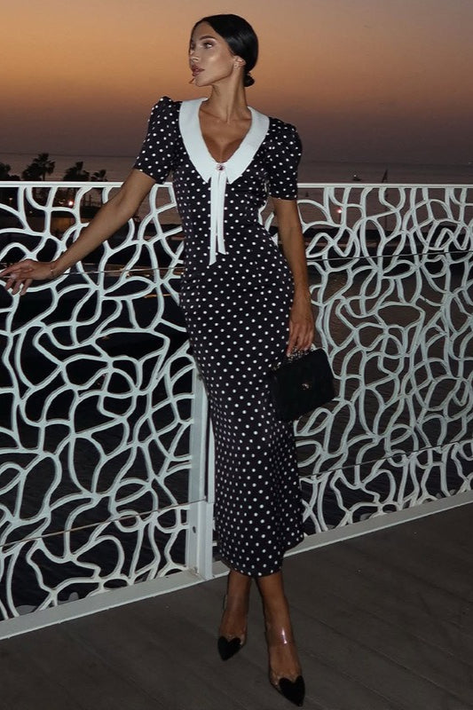 Polka Dot VNeck Puff Sleeve Bodycon Maxi Dress