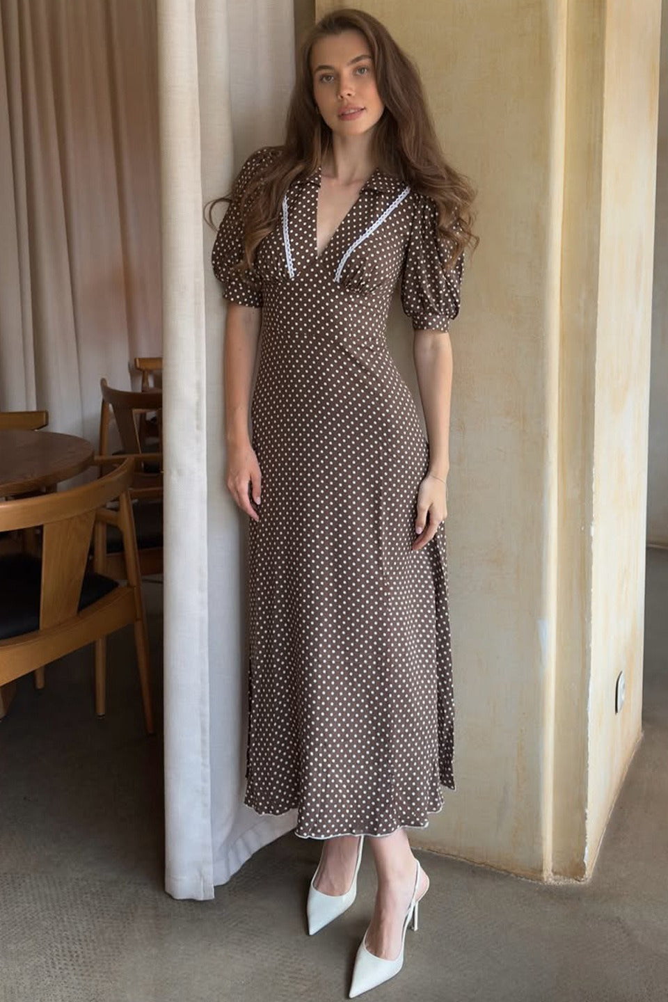 Polka Dot VNeck Puff Sleeve Bodycon Maxi Dress