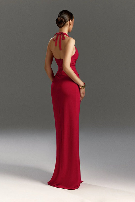 Halter Neck VSlit Evening Wrap Dress