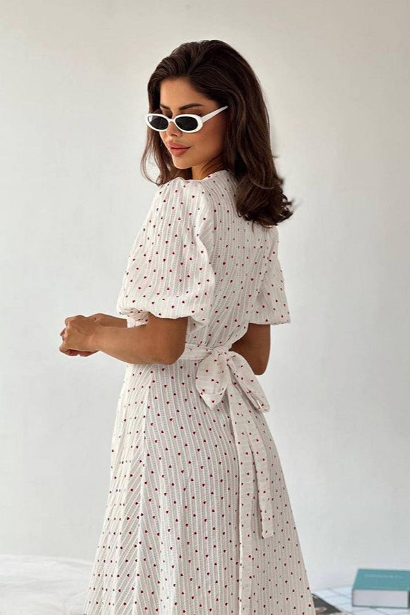 Cotton Heart Print VNeck Wrap Maxi Dress