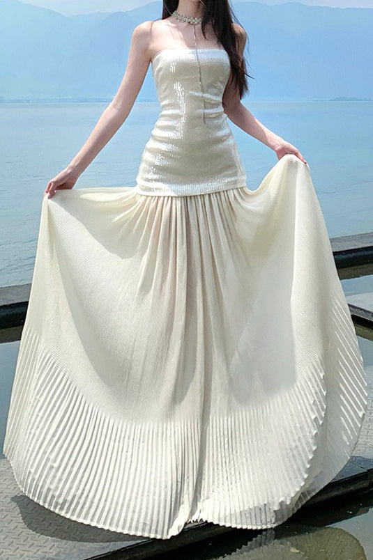 Sequin Patchwork Strapless Flowy Maxi Dress