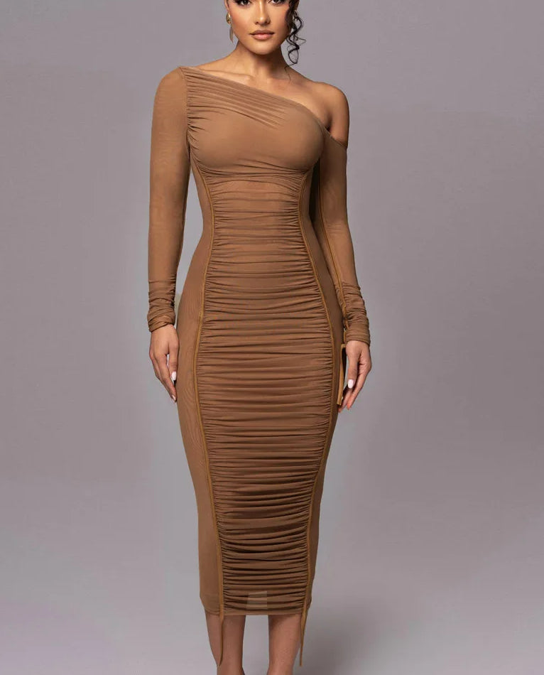 Diagonal Collar Draped Mesh Maxi Dress