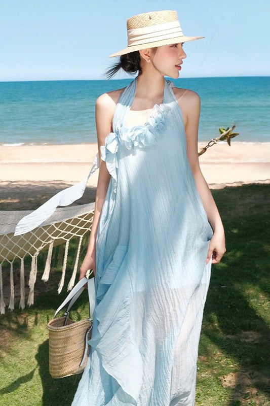 Halter Elegant Slim 3D Floral Maxi Dress