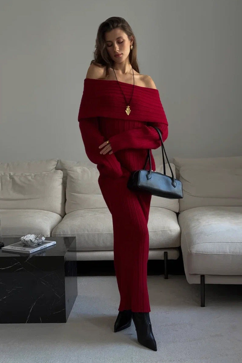 Solid Elegant Minimalist Off Shoulder Bodycon Knit Maxi Dress