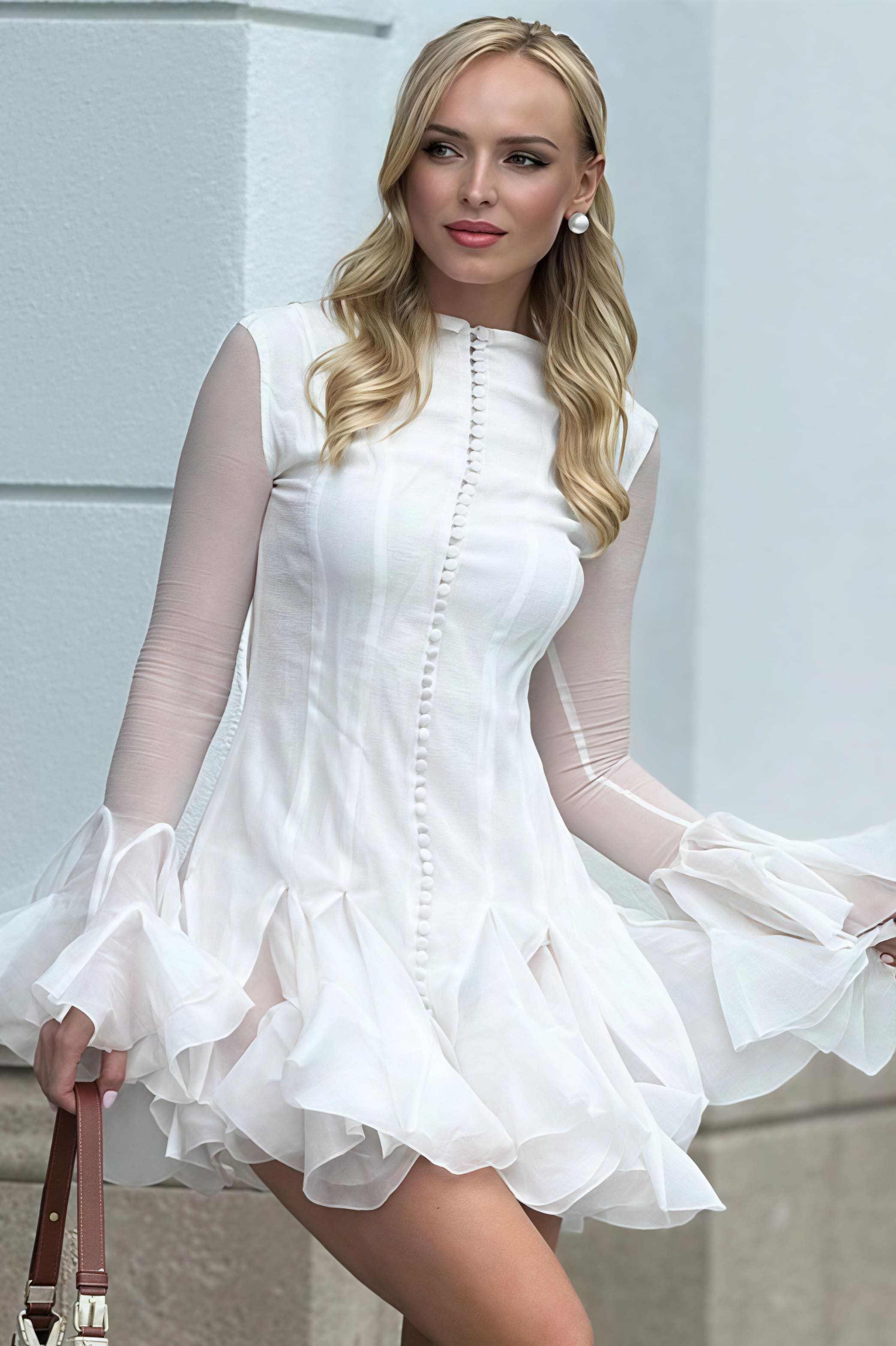 Elegant Buttoned Ruffled Long Puff Sleeve Mini Dress