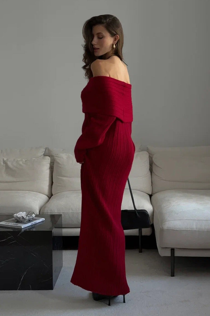 Solid Elegant Minimalist Off Shoulder Bodycon Knit Maxi Dress