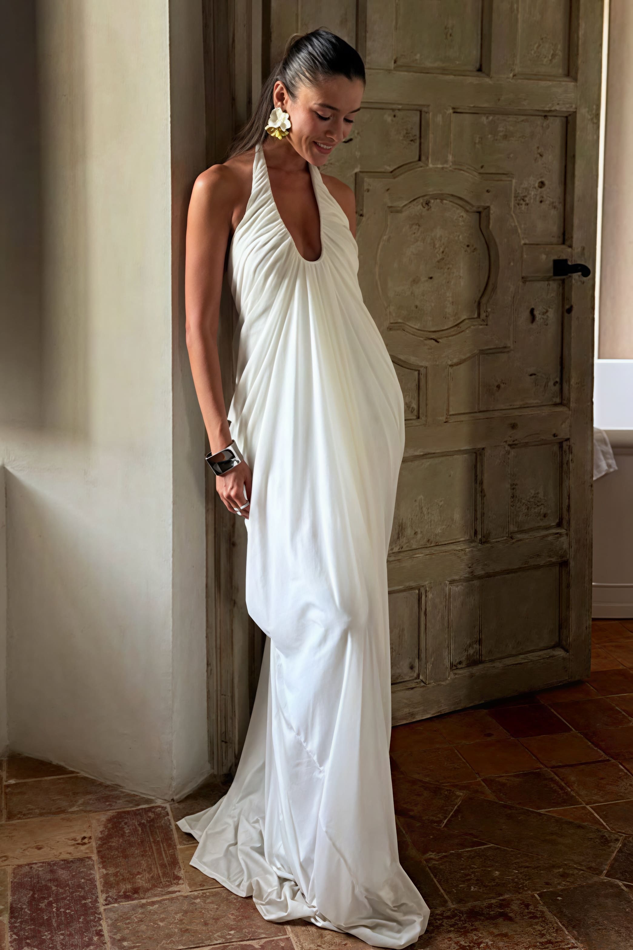 Loose V Neck Ruffled Halter Tulle Maxi Dress