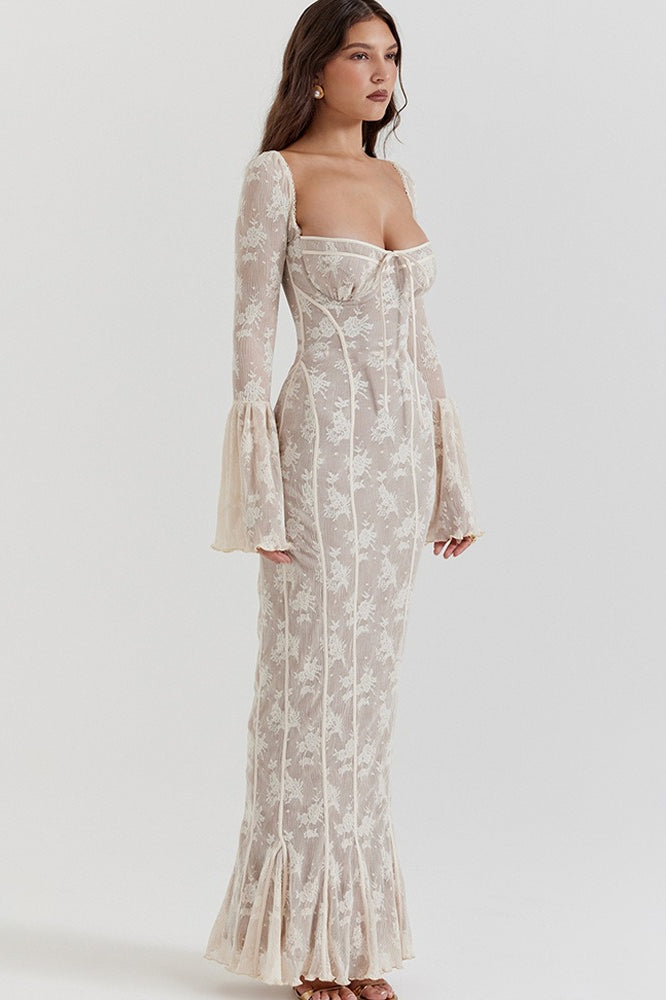 Bodycon Lace Flare Sleeve Maxi Dress