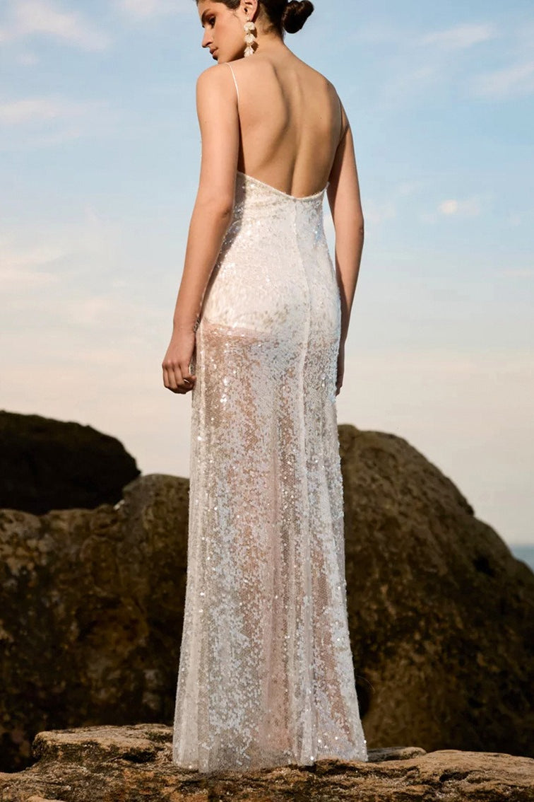 Solid Patchwork Sheer Backless Cami Sequin Maxi Dress