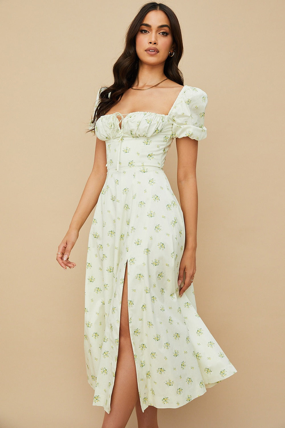 Puff Sleeve Wrap Slit Maxi Floral Dress