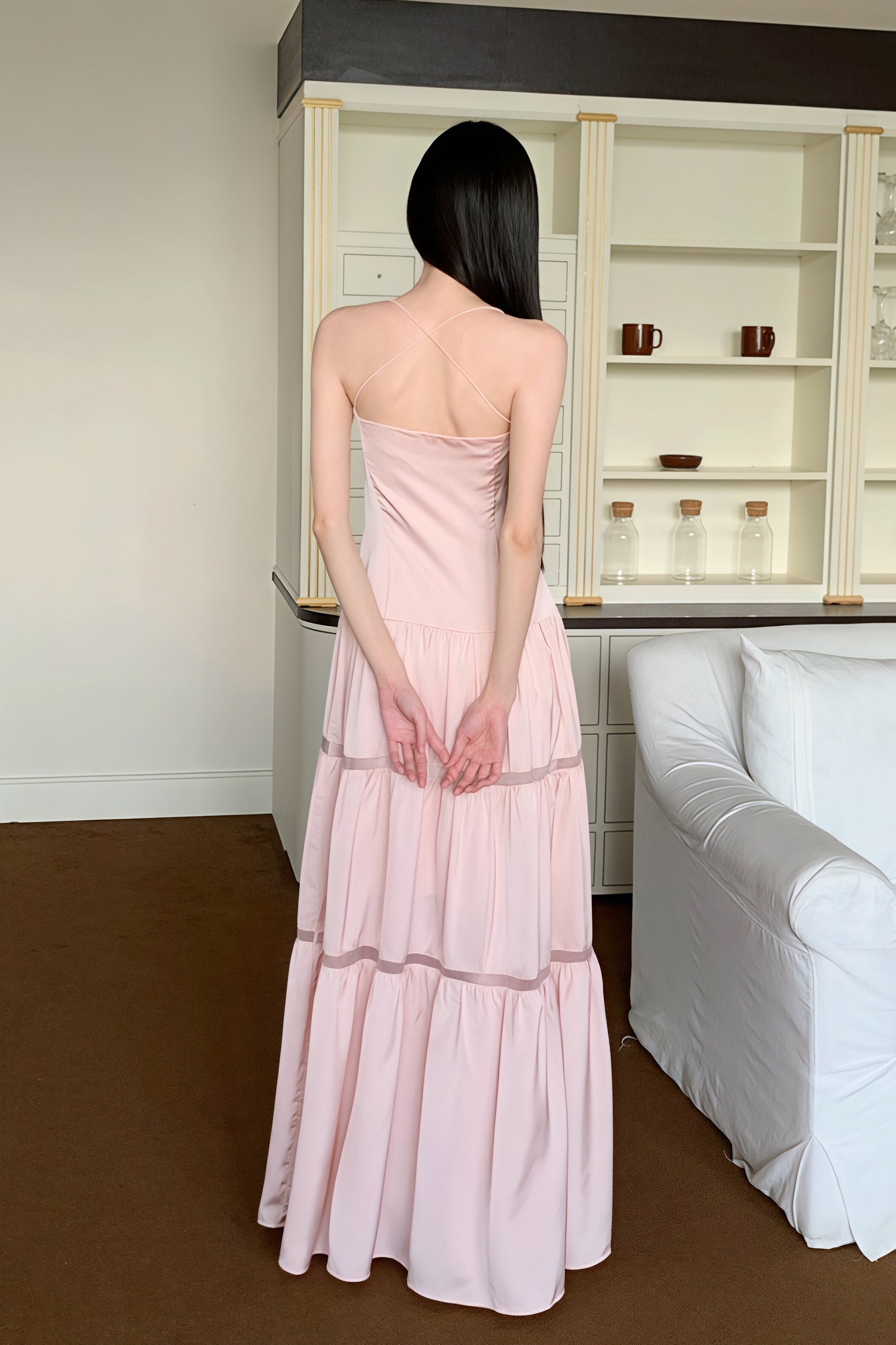 Pink Satin Tie Strapless Spaghetti Strap Maxi Dress