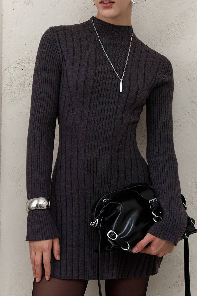 Elegant Playful Knit Mock Neck Long Sleeve A Line Mini Dress