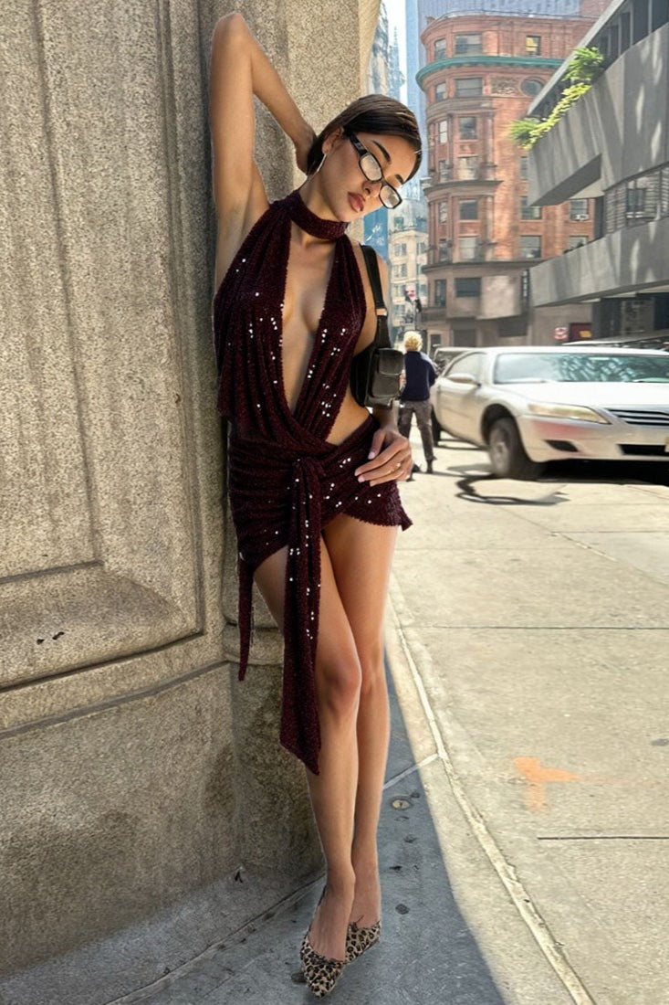 Backless Halter Neck Deep V Sequin Bodycon Mini Dress