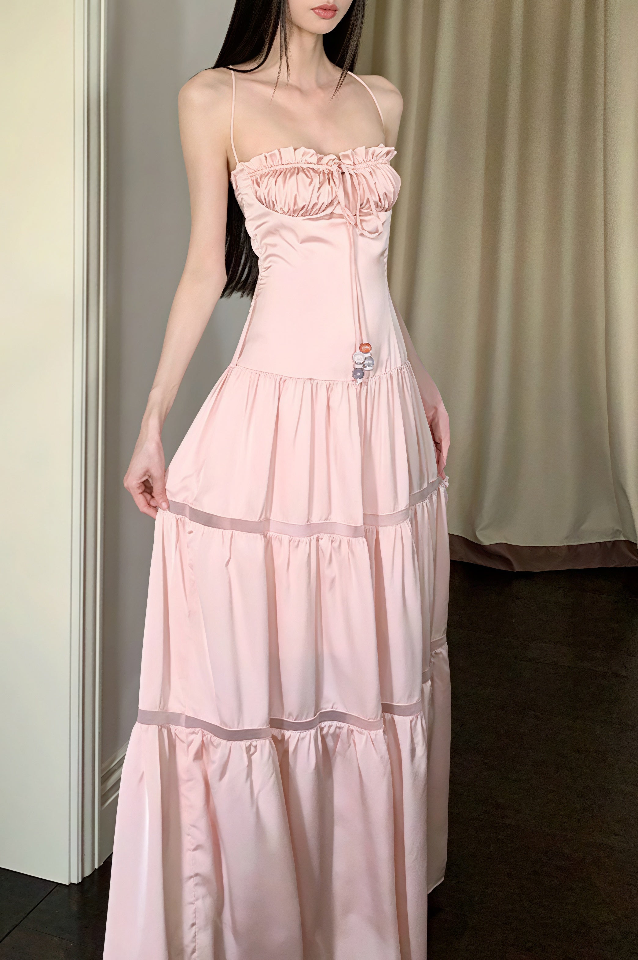 Pink Satin Tie Strapless Spaghetti Strap Maxi Dress