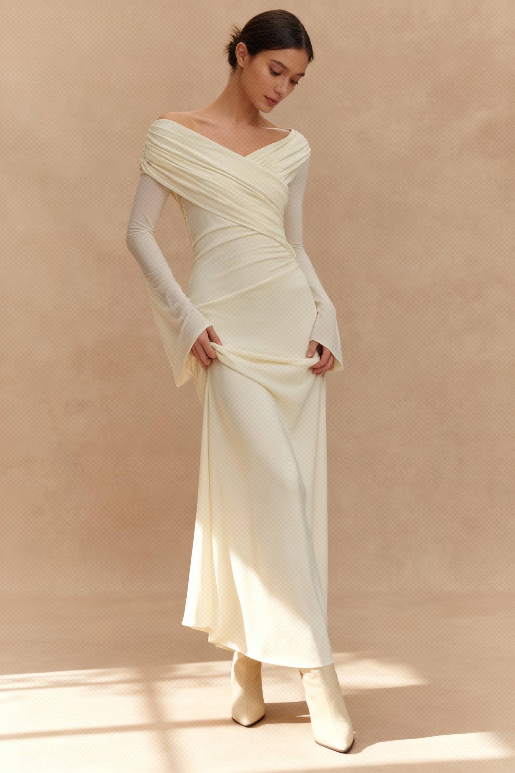 V Neck Long Sleeve Ruched High Waist Maxi Dress