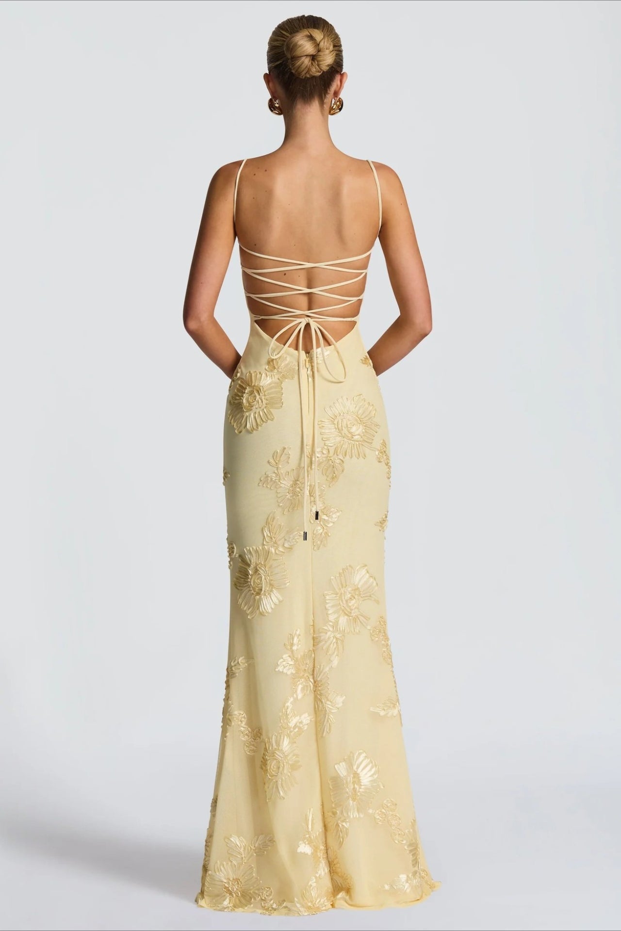Floral Applique Backless Maxi Formal Dress