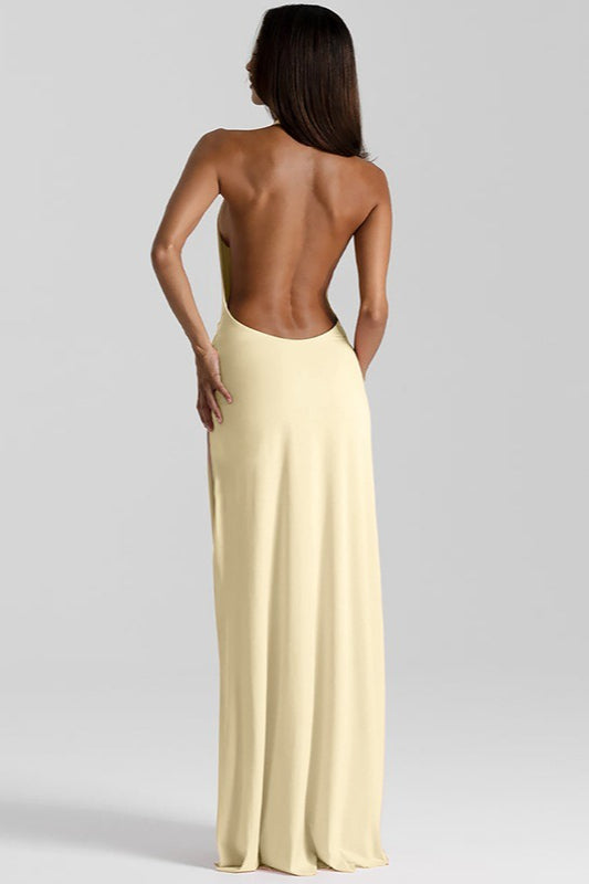 Solid Halter Deep V Backless Slit Floor Maxi Dress
