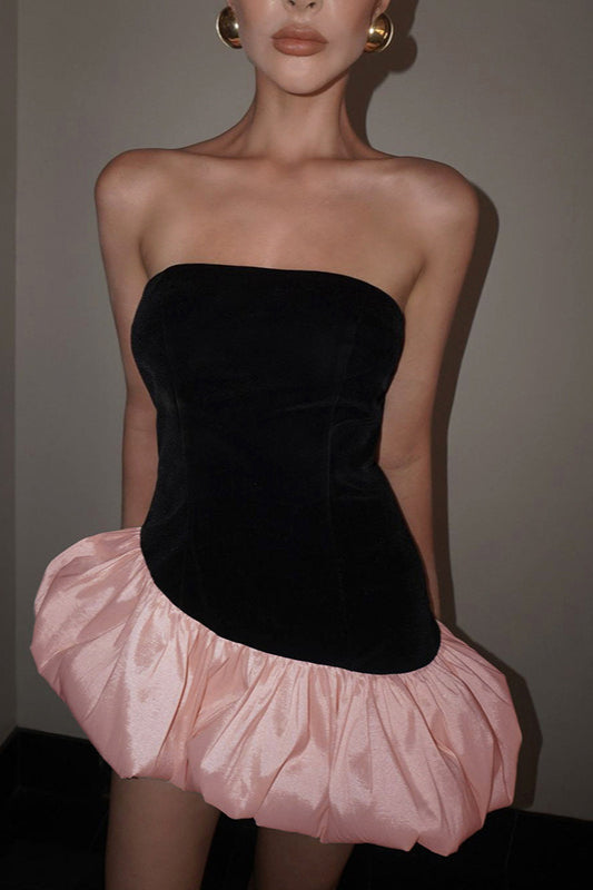 Elegant Velvet Paneled Strapless Puff Mini Dress