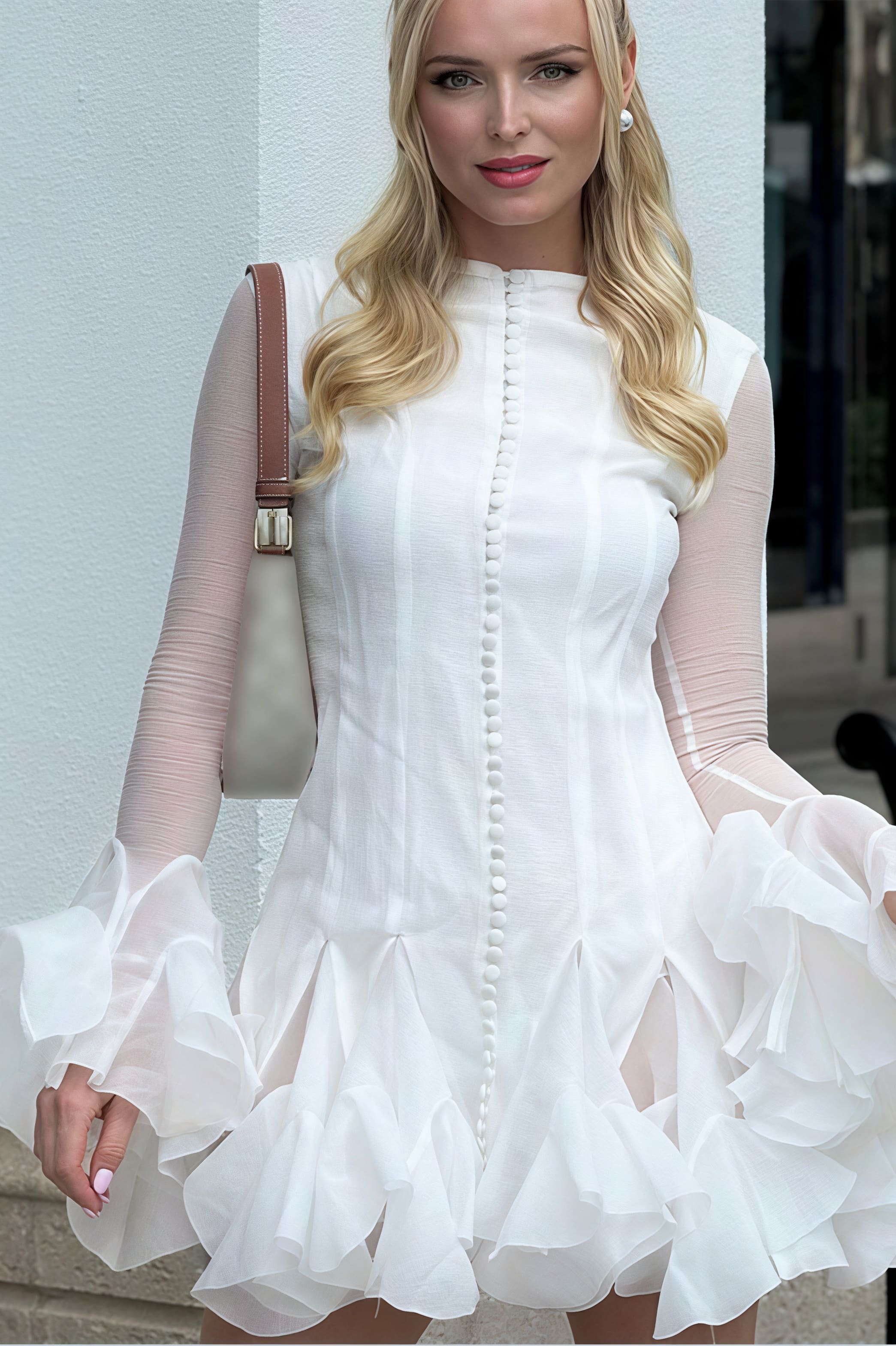 Elegant Buttoned Ruffled Long Puff Sleeve Mini Dress