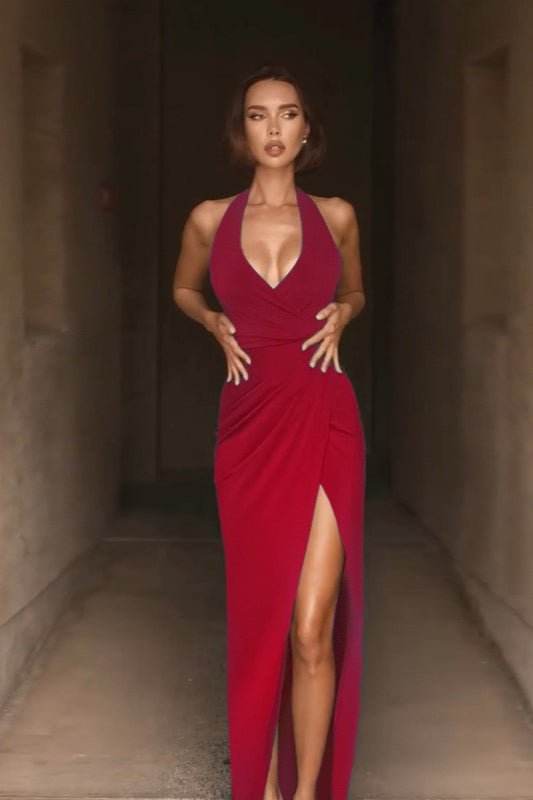 Halter Neck VSlit Evening Wrap Dress