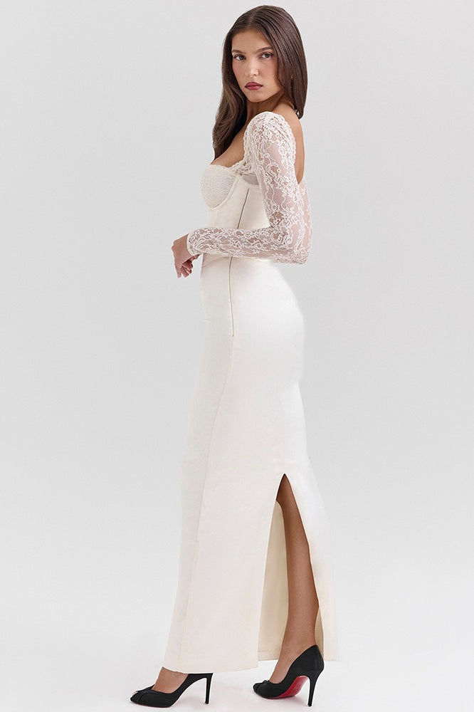 Long Sleeve Lace Satin Maxi Dress