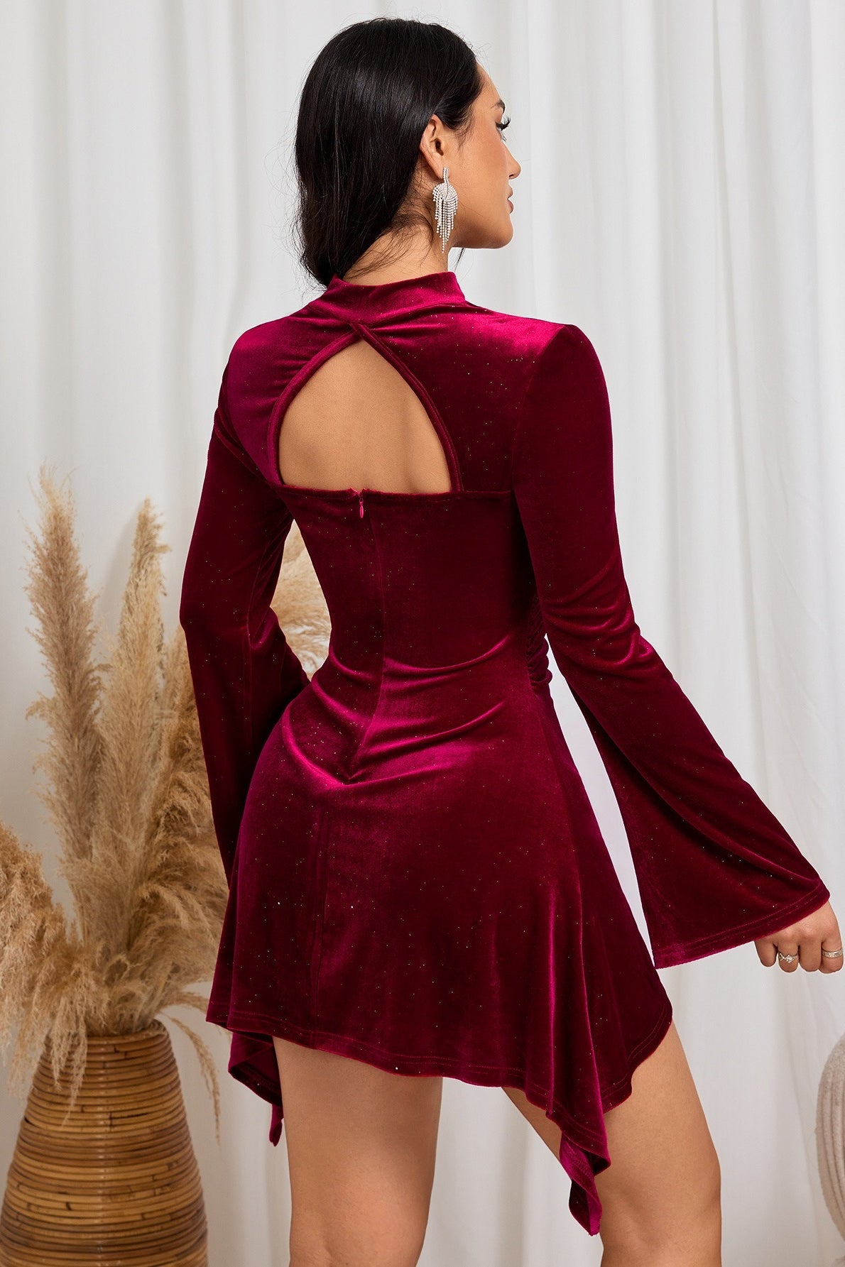 Ruched Silk Shiny Halter Asymmetric Mini Dress