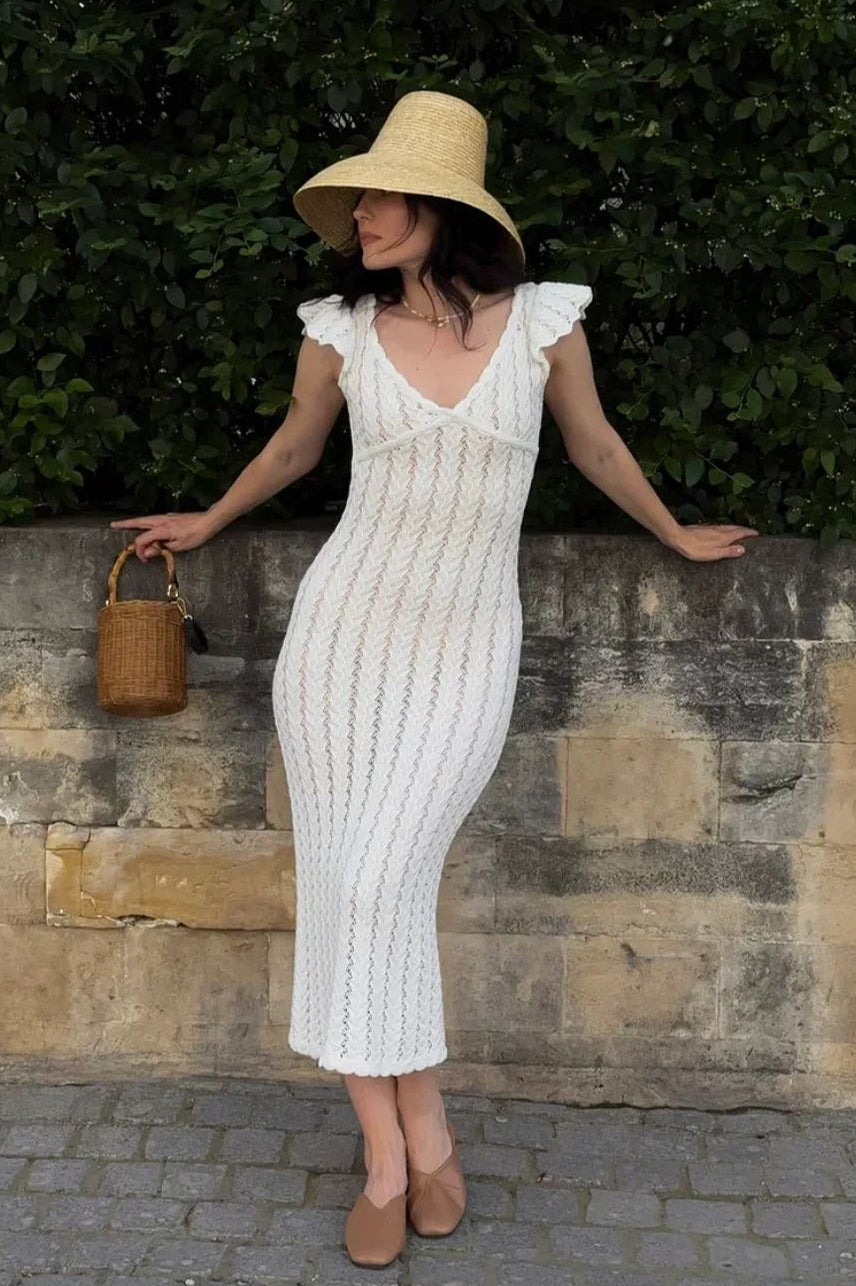 French Ruffle V Neck Knit Pastoral Maxi Dress