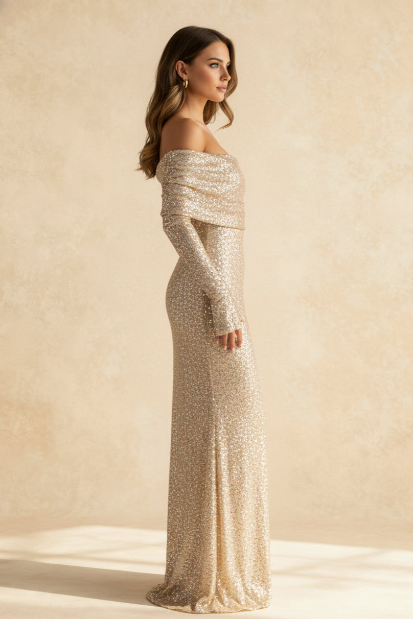Sequin Long Sleeve Charming OffShoulder Maxi Dress