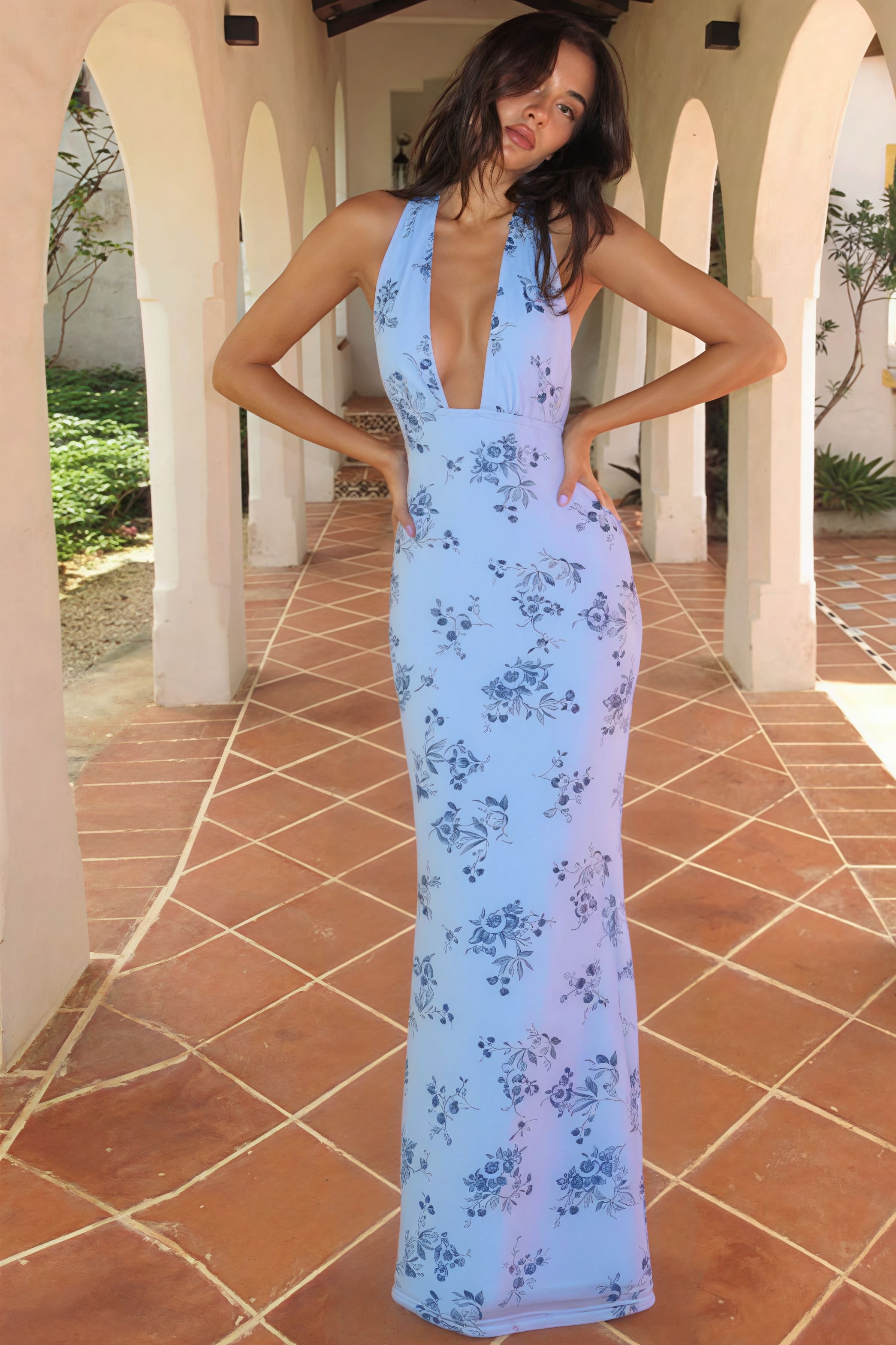 Floral Print Deep V Backless Tie Fitted Chic Maxi Dress